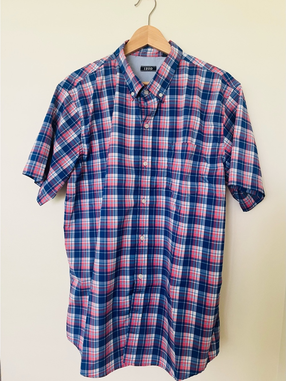 Izod Navy and Pink Plaid Short Sleeve Button-Down Shirt